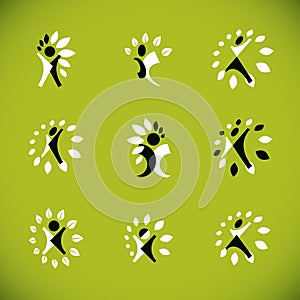 Set of vector illustrations of excited abstract man with arms reaching up. Alternative medicine concept.