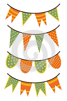 Set of vector illustrations of festive garlands. Isolated icons on a white background. Bright holiday flags with polka dots,