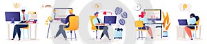 Set of vector illustrations with flat cartoon characters working in office, co-working space or remotely at home, freelance, self-