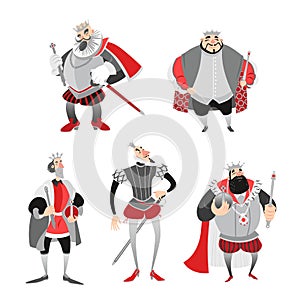 Set of vector illustrations of funny cartoon kings in historical costumes. Fairy tale characters