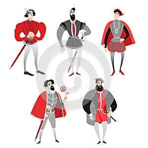 Set of vector illustrations of funny cartoon princes in historical costumes. Fairy tale characters