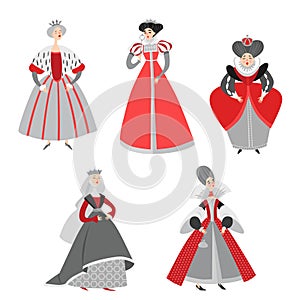 Set of vector illustrations of funny cartoon queens in historical costumes. Fairy tale characters