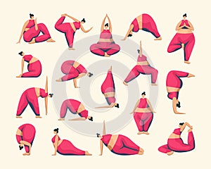 Set of vector illustrations of a girl in a tracksuit in a different yoga asana