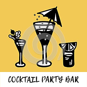 Black and white cocktails with bubbles, umbrella, berry, lemon and orange slice. Icon. Phrase Cocktail party bar.