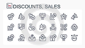 A set of vector illustrations, icons New Year`s discount, sale, percentage. Christmas gift delivery services.