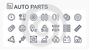 A set of vector illustrations, icons from a thin line with car parts. Car service. Auto parts store. Auto parts.