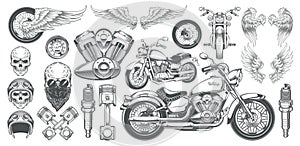 Set of vector illustrations, icons of vintage motorcycle in various angles, skulls, wings