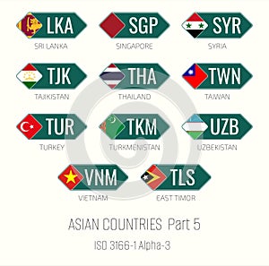 Set of vector illustrations of ISO 3166 1 alpha 3 and flags of Asian countries. Part 5