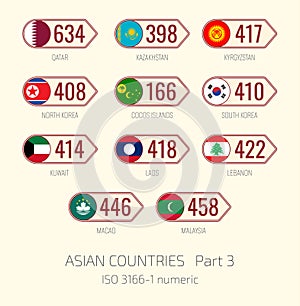 Set of vector illustrations of ISO 3166 1 numeric and flags of Asian countries. Part 3