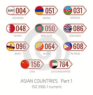 Set of vector illustrations of ISO 3166 1 numeric and flags of Asian countries. Part 1