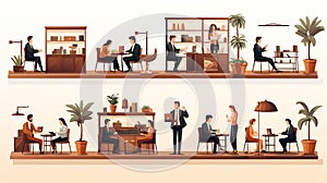 Set of vector illustrations of a lawyer office interior with people sitting at tables and talking