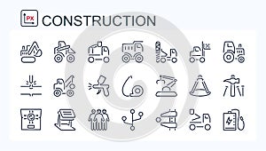 A set of vector illustrations, linear icons of construction vehicles and tools.