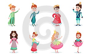 Set Of Vector Illustrations With Little Boys And Girls Wearing Fairy Princes And Princesses Costumes Cartoon Characters