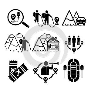 A set of vector illustrations, logo, icons for travel and leisure.