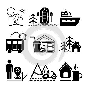 A set of vector illustrations, logo, icons for travel and leisure.