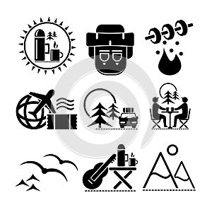 A set of vector illustrations, logo, icons for travel and leisure.