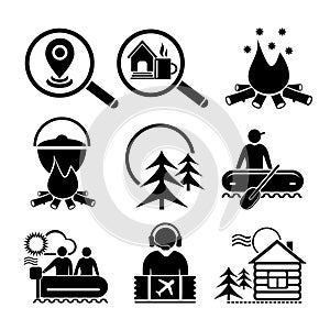 A set of vector illustrations, logo, icons for travel and leisure.