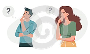 Set of vector illustrations. Man and woman in a pensive pose solving a question. Concept of problem solving