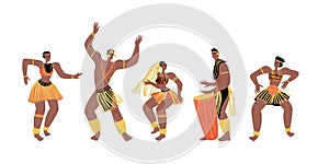 Set of vector illustrations of men and women dancing traditional African dances. Cute characters