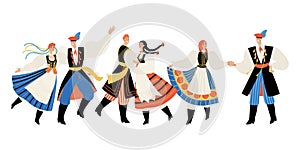 Set of vector illustrations of men and women dancing traditional polish dances. Couples in folk costumes