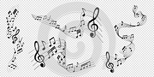 Set of vector illustrations of musical notes melody with clef