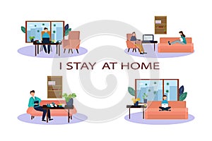Set of vector illustrations. People remain at home during quarantine. Remote work and online training. Epidemic