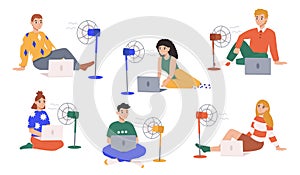 Set of vector illustrations with people sitting on the floor with a laptop and a fan.