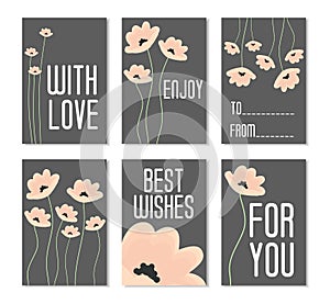 Set of Vector Illustrations. Perfect for birthday cards, posters, banners, stickers, labels with flowers on dark background. Set o