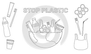 Set of vector illustrations of plastic pollution of Earth. Environmental problems.