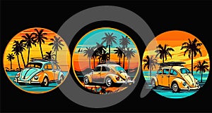 set of vector illustrations of retro cars at the resort