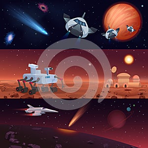 Set of vector illustrations of rover and spaceships carrying out mission of Mars and Universe exploration and conquest