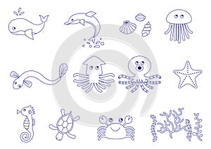 Set of vector illustrations of sea creatures