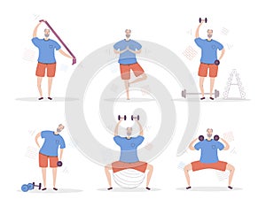Set of vector illustrations Senior Man Fitness.