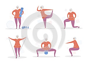 Set of vector illustrations Senior Woman Fitness.