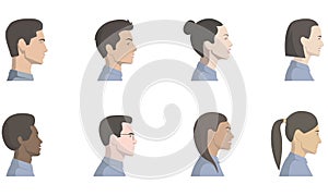 Set of vector illustrations with side view of a faces of a beautiful men and women