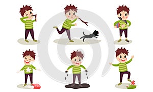 Set Of Vector Illustrations With Six Boys Of Destructive Behaviour Cartoon Characters