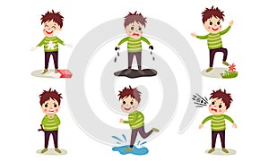 Set Of Vector Illustrations With Six Boys Of Destructive Behaviour Cartoon Characters