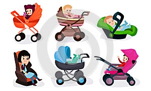 Set Of Vector Illustrations With Six Children Of Different Ages In Various Baby Carriages And Chair