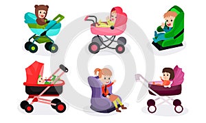 Set Of Vector Illustrations With Six Children Of Different Ages In Various Baby Carriages And Chair