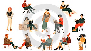 Set of vector illustrations of students sitting on the floor and reading books.