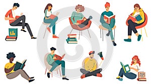 Set of vector illustrations of students sitting on the floor and reading books.