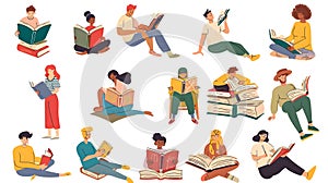 Set of vector illustrations of students sitting on the floor and reading books.