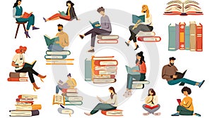 Set of vector illustrations of students sitting on the floor and reading books.