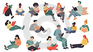 Set of vector illustrations of students sitting on the floor and reading books.