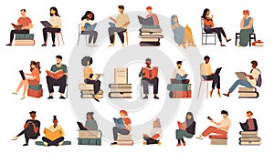 Set of vector illustrations of students sitting on the floor and reading books.