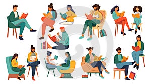 Set of vector illustrations of students sitting on the floor and reading books.