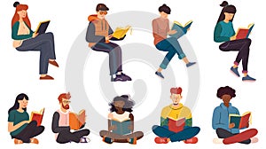 Set of vector illustrations of students sitting on the floor and reading books.