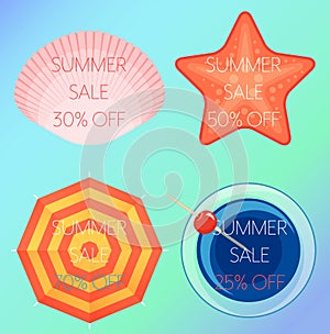 Set of vector illustrations of the summer sale text on a shell, star, umbrella and cocktail. Top view.