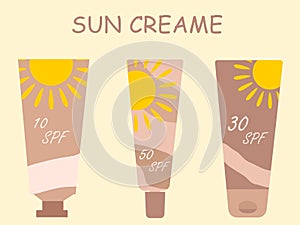 Set of vector illustrations with sunscreens with different spf protection