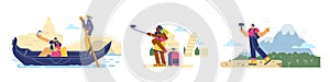 Set of vector illustrations of traveling selfie, video call in adventure, sightseeing, Time to travel concept isolated